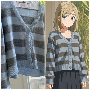 Blue and Gray Striped Cardigan Sweater